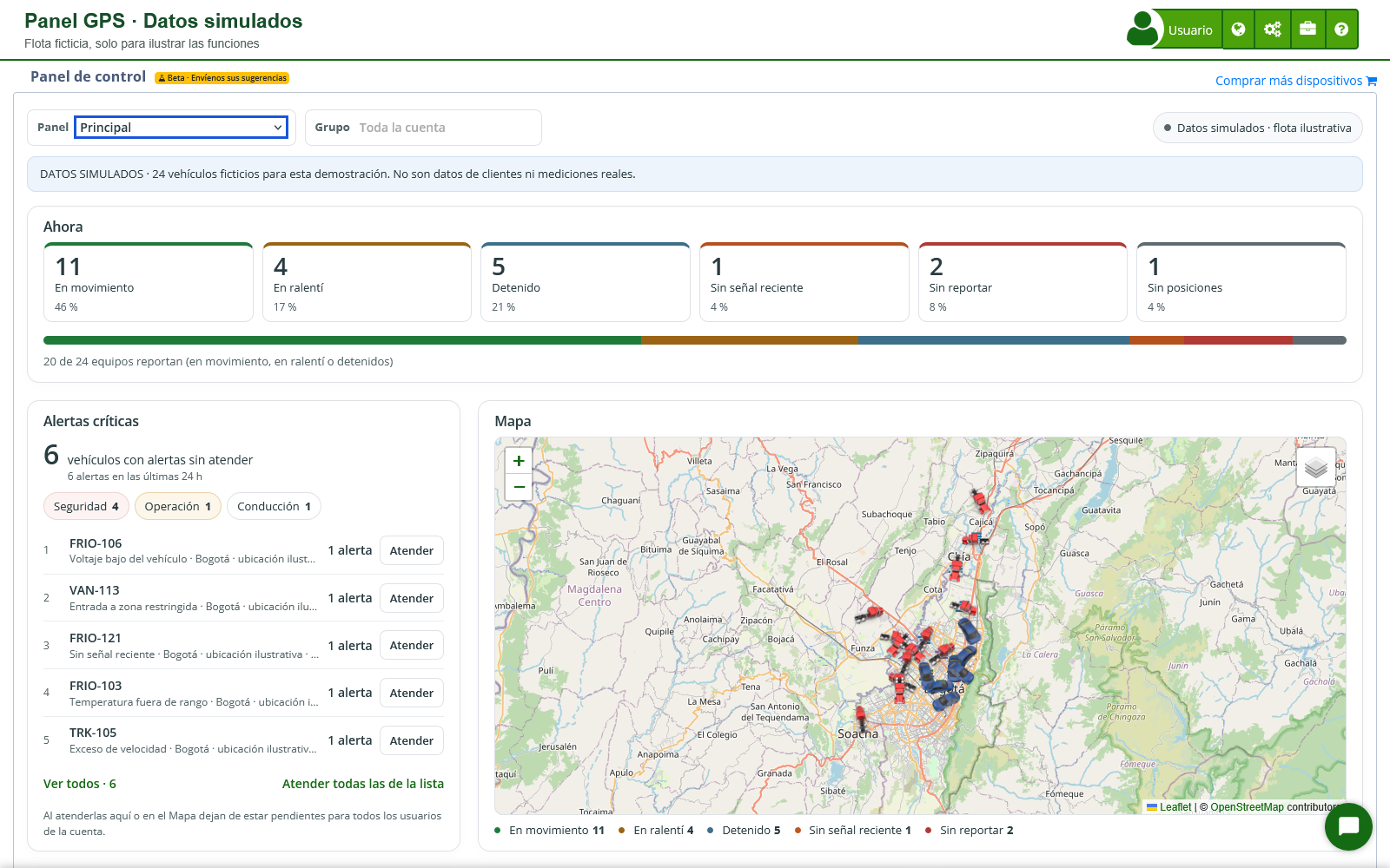 Panel de control GPS con datos simulados de 24 vehículos, estados variados, mapa y alertas críticas
