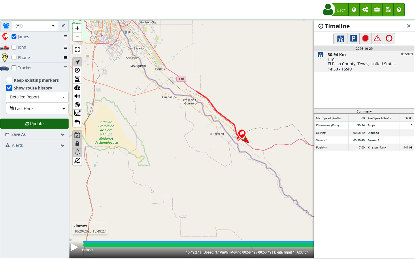 GPS route Timeline with map, trip duration, distance and fuel summary in the demo account