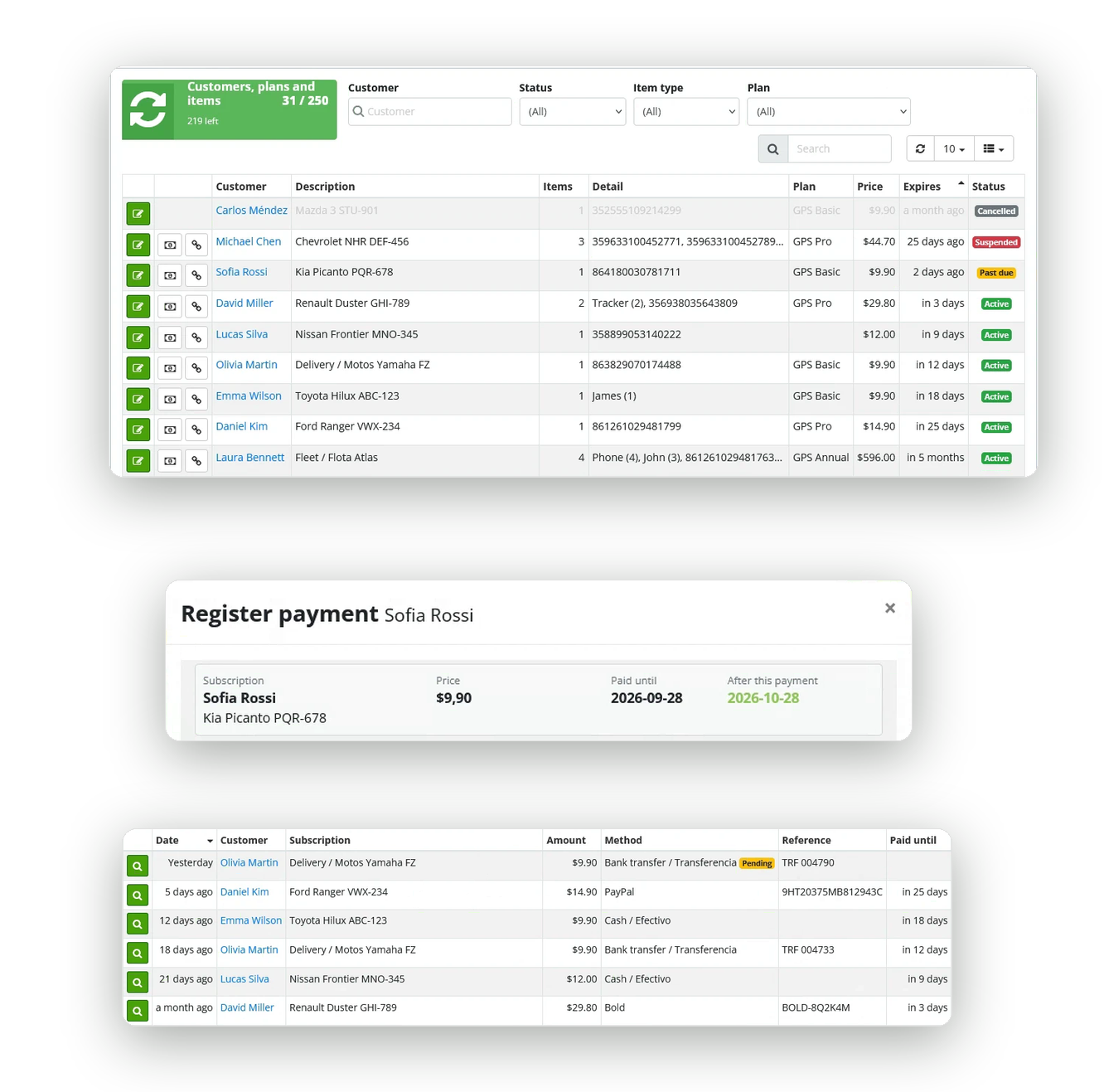 Subscriptions list, a payment being registered, and the payments list in My customers