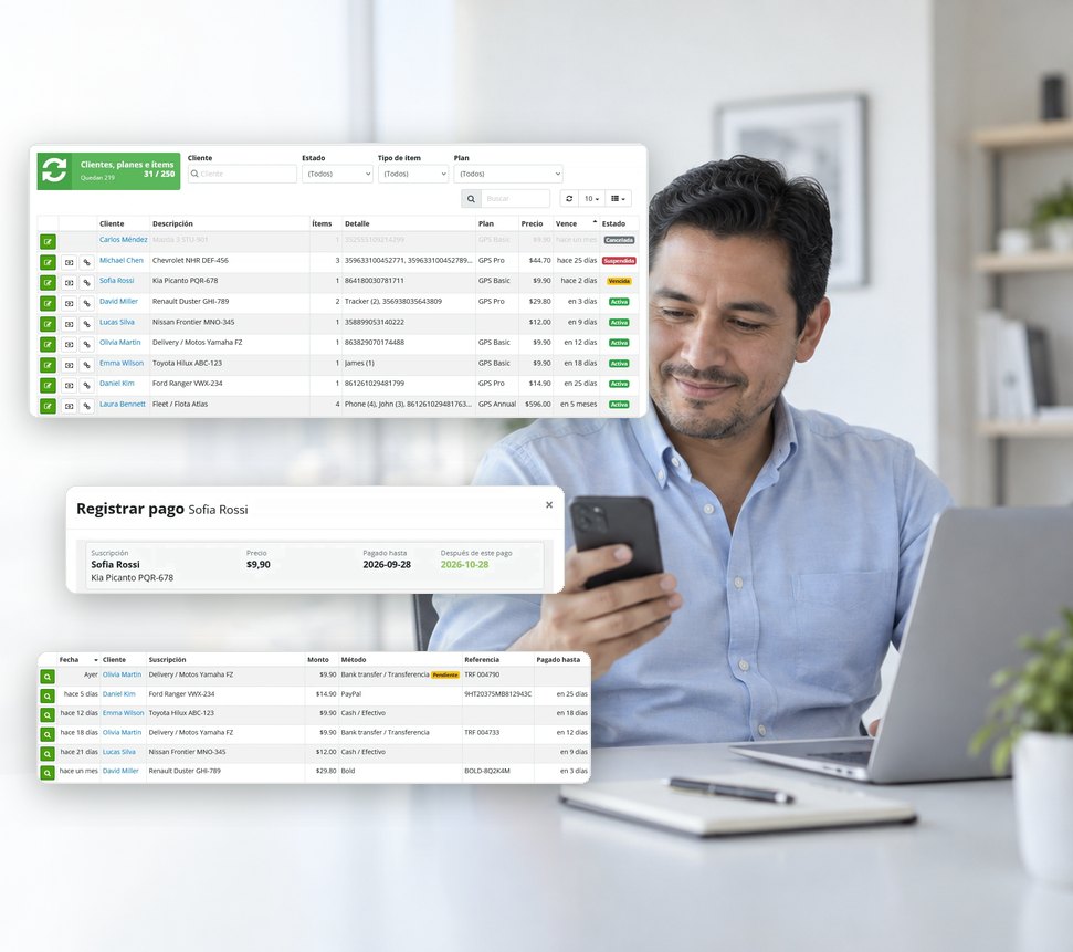 Lista de suscripciones, registro de un pago y lista de pagos de Mis clientes