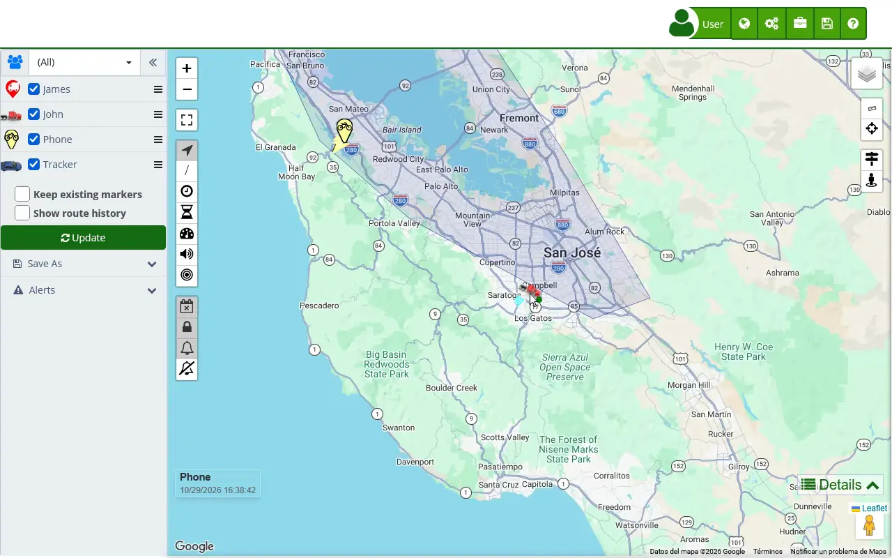 Tour from the Map to the Dashboard: the fleet states, the list of moving vehicles, the device window with See on the Map and the switch to another dashboard