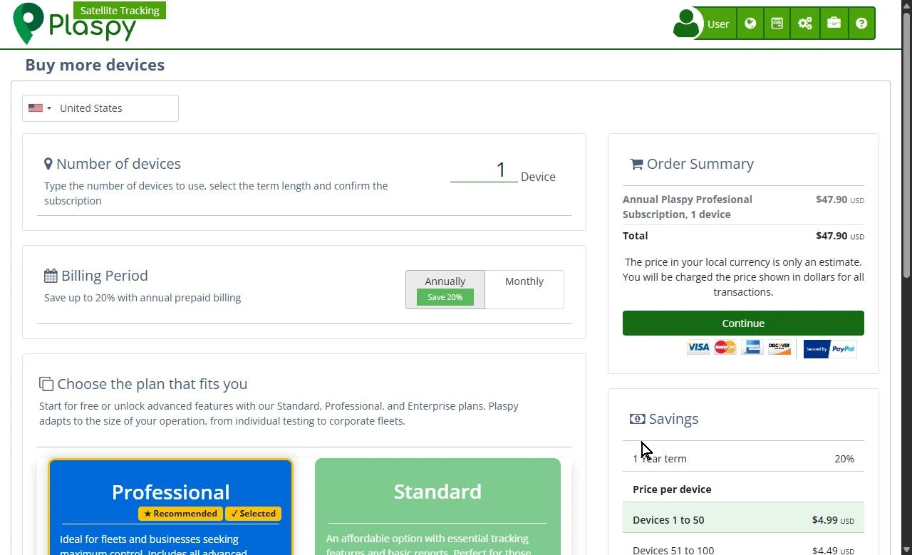 Walkthrough of Buy more devices: entering the number of devices, choosing monthly billing and the Standard plan, and the price tiers under Savings
