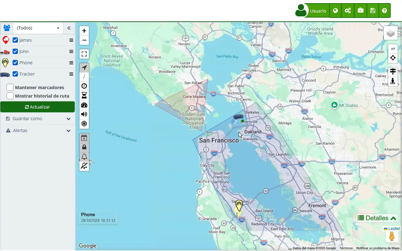 Recorrido desde el Mapa hasta el Panel de control: los estados de la flota, la lista de vehículos en movimiento, la ventana del equipo con Ver en el Mapa y el cambio al panel Operación del día