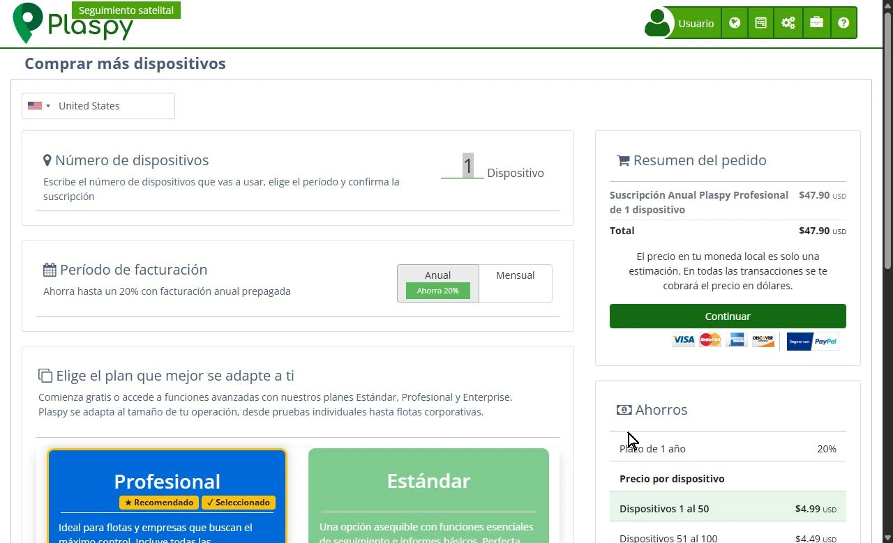 Recorrido por Comprar más dispositivos: se escribe el número de dispositivos, se elige la facturación mensual y el plan Estándar, y se ven los tramos de precio en Ahorros